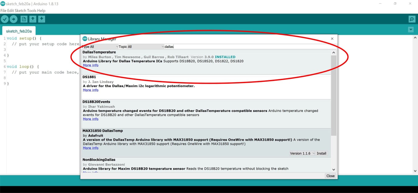 install the Dallas Temperature library 