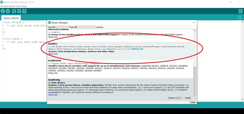 Install OneWire library